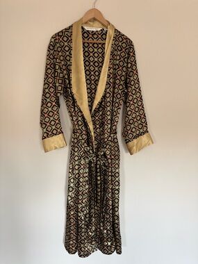 Vintage Victoria's Secret Satin Robe Women’s Black Geometric with Gold Trim Sz M